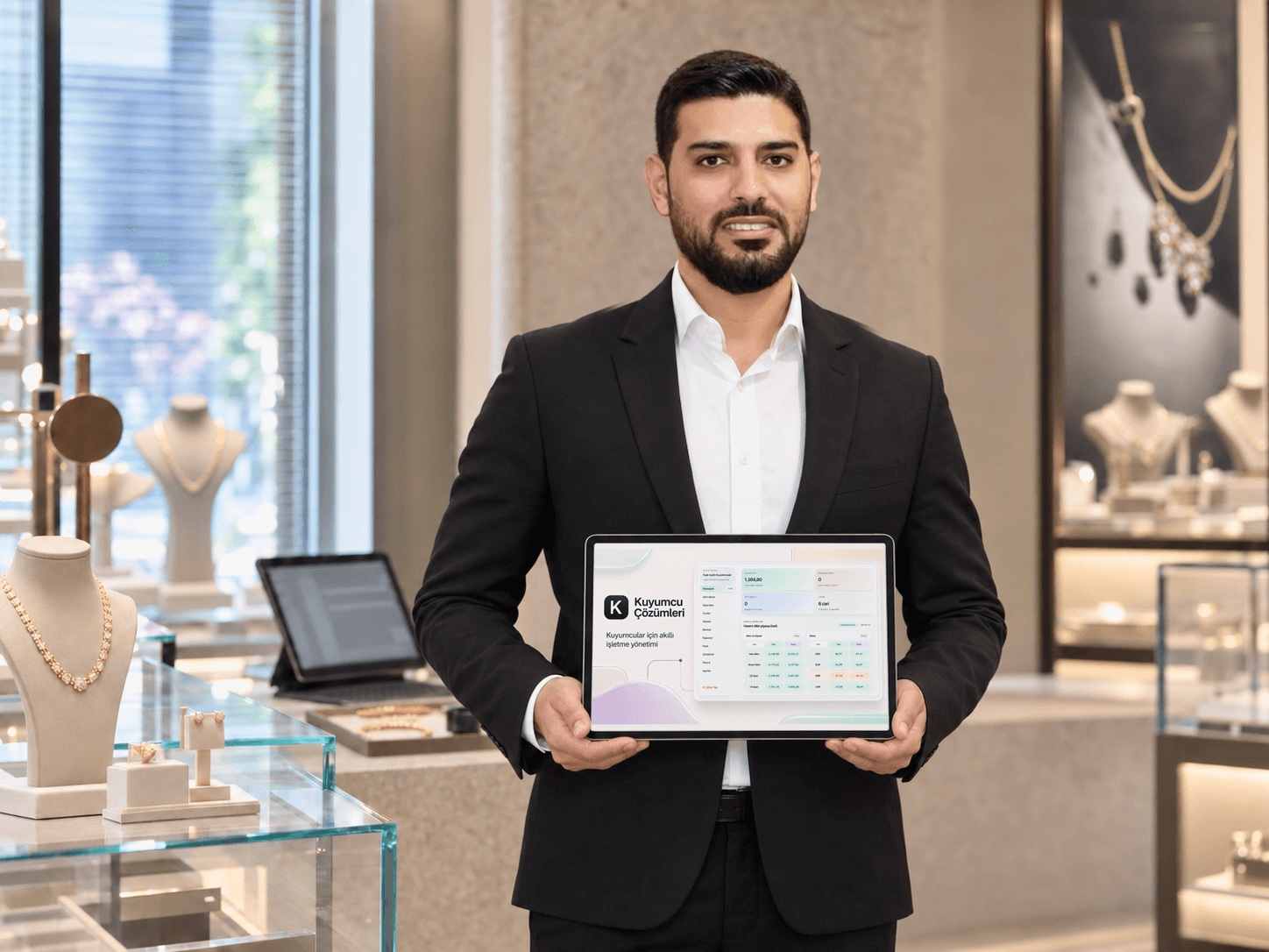 Kuyumcu mağazasında Kuyumcu Çözümleri uygulamasını tablette gösteren kuyumcu