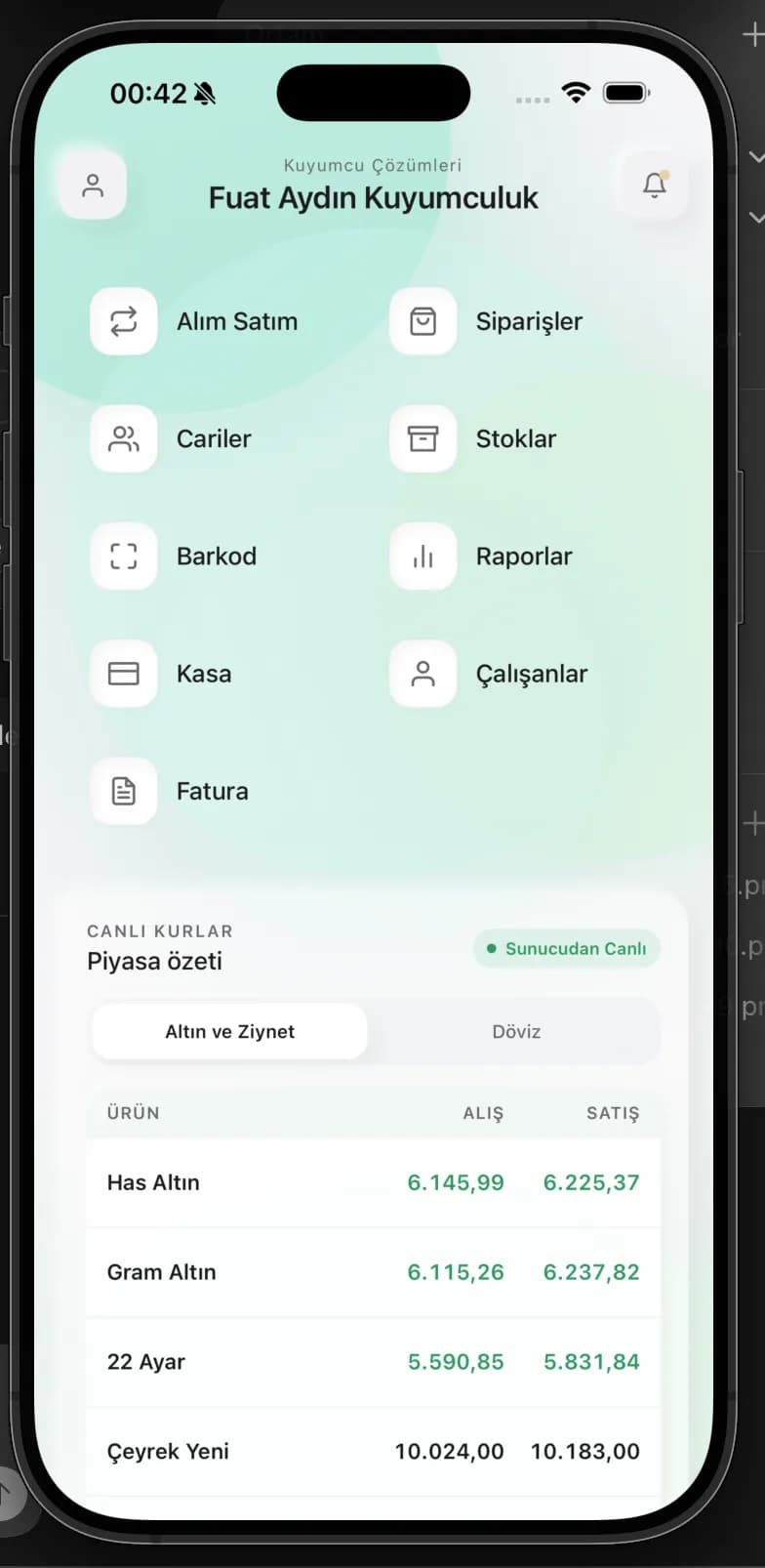 Kuyumcu Çözümleri mobil ana ekranı