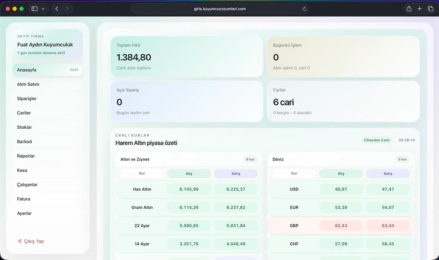 Kuyumcu Çözümleri web ana ekranı